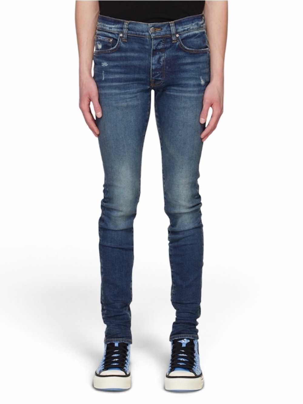 Authentic AMIRI Black Hoodie with Blue Logo and Skinny Blue Jeans